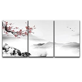 3 Panel Canvas Wall Art - Chinese Ink Painting Style Landscape with Mountain and Plum Blossom - Giclee Print Gallery Wrap Modern Home Art Ready to Hang - 16"x24" x 3 Panels