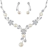 EleQueen Women's Cubic Zirconia Simulated Pearl Flower Bridal Necklace Earrings Jewelry Set Ivory Color