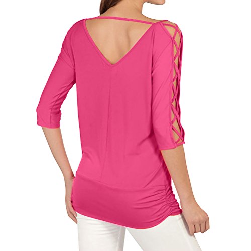 Women\'s Criss Cross Cut Out 3/4 Sleeve Vneck Solid Color T Shirt Tops Blouse Tunic