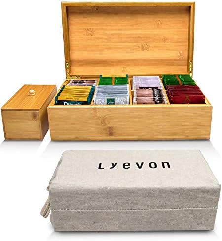 Lyevon Tea Storage Organizer Bamboo Chest Box with 8 Adjustable Compartments for Assorted Tea Bags or Spices -holds 125 Tea Bags