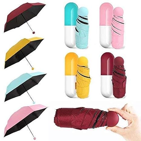 Capsule Mini Travel Umbrella Foldeble (Perfect for 1 Person) Pocket Size Ultra Light Mini Travelling Folding Compact Umbrella with Lovely Capsule Case Pocket Umbrella (Multi Colors)
