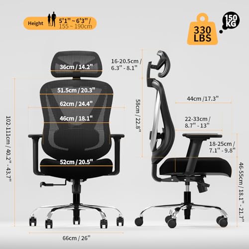 HOLLUDLE Ergonomic Office Chair with 3D Lumbar Support and Adjustable 3D Armrests - V Shape Design, Comfortable Desk Chair for Office and Home, Black