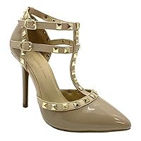 Wild Diva Womens Pointy Toe Gold Stud Strappy Ankle T-Strap Stiletto Heel Pump Sandal,7.5 B(M) US,Natural