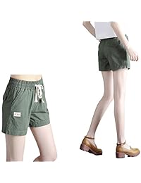 Pantalones cortos de algodón y lino para dama, estilo casual, elásticos, con cintura rígida