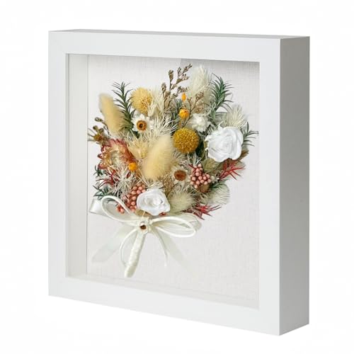 Muzilife 8x8 Shadow Box Picture Frame with Linen Board - Deep Wood & Glass Display Case Ready to Hang Memory Box Baby Sports Memorabilia, Pins, Awards, Medals, Wedding, Tickets and Photos (White)
