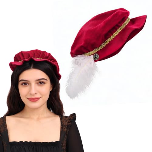 Cdecgo Medieval Tudor Cap Beret with Feather Renaissance Elizabethan Court Puffed Riding Hat for Women (A-Wine) at Amazon