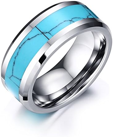 Men Tungsten Carbide Wedding Band Rings With Turquoise High Polished Beveled Edge 8MM Comfort Fit ,Size 9