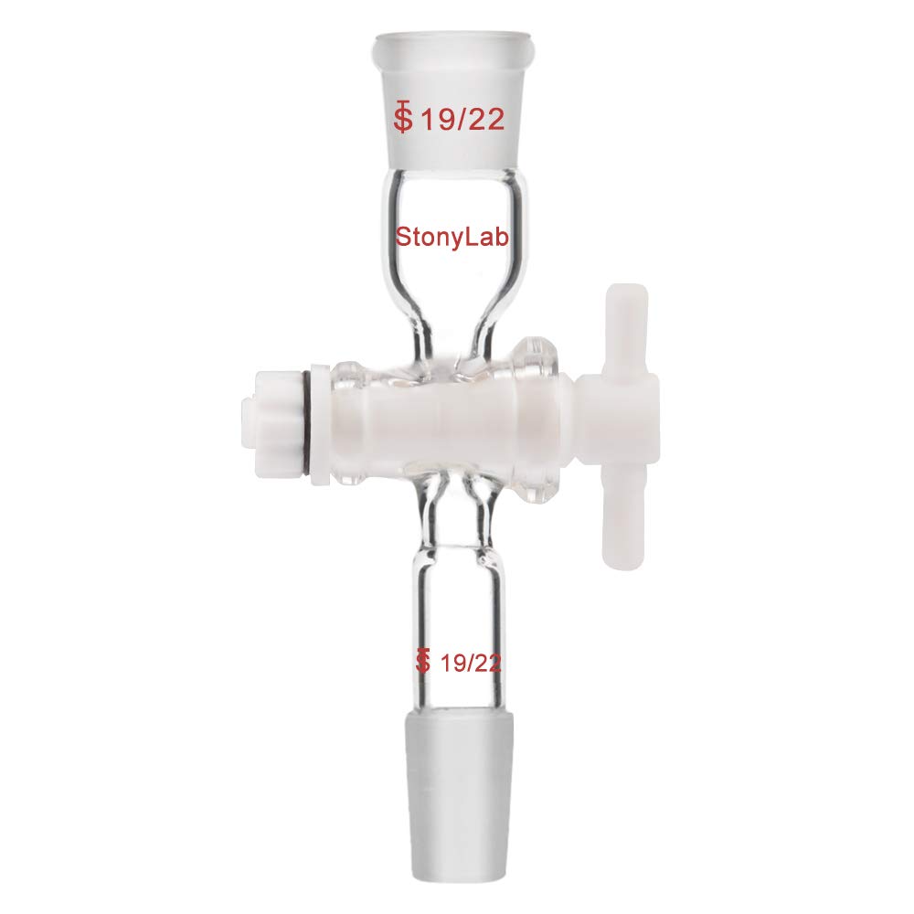 StonyLab Glass Vacuum Flow Control Adapter Straight with PTFE Stopcock and Two 19/22 Joints for Lab Supply