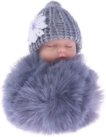 XHYKL Sleeping Baby Doll Keychain Flower Pompom Rabbit Fur Ball Key Chain Fluffy Car Keyring porte clef Bag Key ring