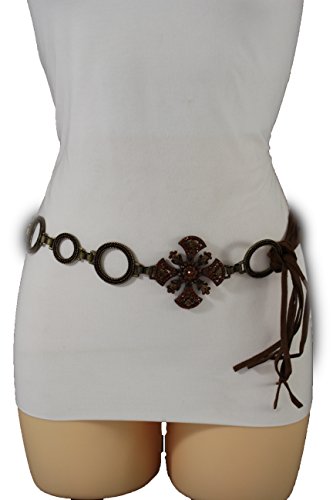 TFJ Women Fashion Tie Fabric Belt Hip Waist Metal Chains Cross Charm S M Brown