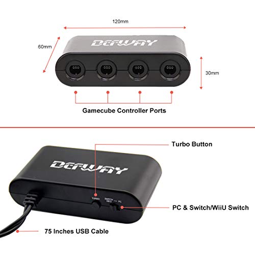 Defway Switch Gamecube Controller Adapter, Wii-U Gamecube Adapter for Super Smash Bros Ultimate, GC Controller Adapter for PC, with 4 Player Ports, Turbo Button, 75Inch Cable, No Lag No Driver Needed