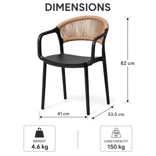 MARCOLO Chair with Arms, Outdoor Plastic Dining Armchair, Weather & UV Resistant Patio Chair for Balcony, Garden, Kitchen & Indoor Outdoor Use, Modern Rope-Style Design, 41x53.5x82cm (Black)
