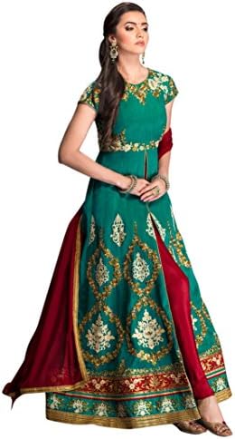 CRAFTLIVA Teal GREEN & Red EMBROIDERED FAUX GEORGETTE ANARKALI SUIT Free Size