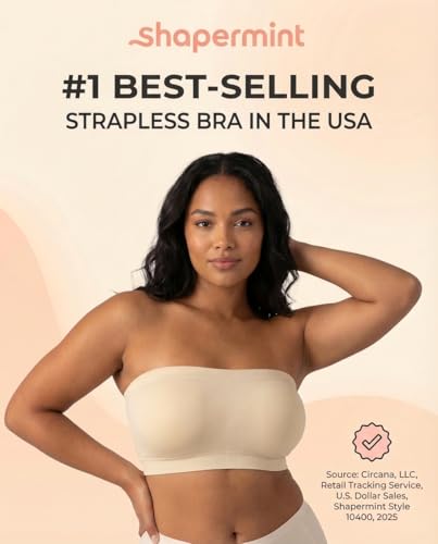 SHAPERMINT Strapless Bra, Wireless Non-Slip Bandeau, Convertible Straps, Molded Strapless Bras for Women S to Large Breasts