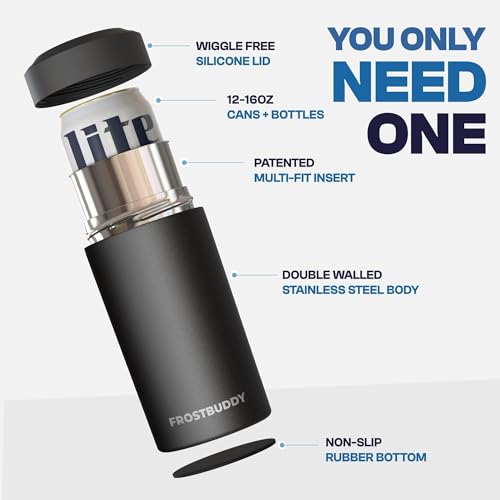 Frost Buddy Universal Can Cooler - Fits Slim Cans, 12 & 16oz (MatteBlack) | 20x colder, cold up to 24 hrs | Sleek, lightweight design | Premium build quality