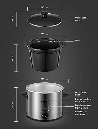 Slow Cooker 4 Quart Manual Slow Cooker with 3 Adjustable Temp Settings, Dishwasher-safe Stoneware Pot and Tempered Glass Lid, Suitable for 1-4 People, Stainless Steel, TIBEK
