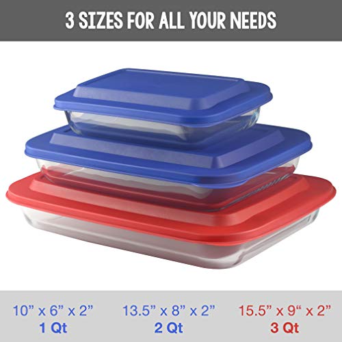 Set of 3 Upgraded Rectangular Glass Bakeware Set with Multi-Color BPA-Free Lids | Superior Oblong Glass Baking Dishes for Casseroles, Lasagna, Leftovers, Cooking, | Essential Kitchen Items