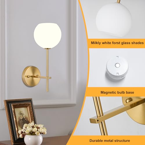 Juego de 2 Apliques de Pared LED Inalámbricos Dorados, Lámparas de Pared Recargables a Batería con Vidrio Esmerilado Blanco Opal, 12 RGB y 3 CCT Regulables, Control Remoto para Dormitorio y Salón