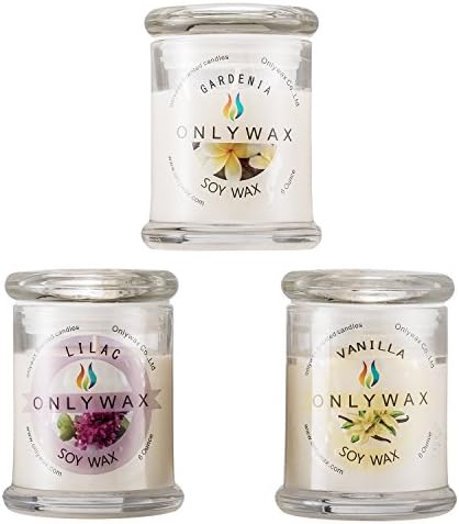 Onlywax Scented Candles Gift Pack 3 x 6-Ounce (Gardenia, Vanilla and Lilac Blossoms), 100% Natural Soy Wax Home Aromatherapy Candle in Reusable Glass Jar for Her