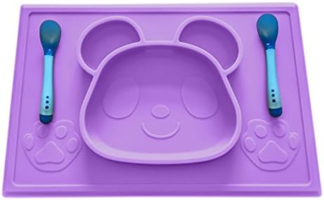 Mopels Children’s Placemat with Free Spoon Set and E-Book, One-Piece Silicone Placemat Panda Design, Dinnerware for Feeding Baby & Baby Led Weaning, Non-Slip, Portable and FDA Approved. (Purple)
