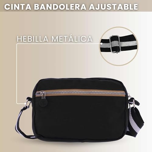 Coronel Tapioca - Bolso bandolera mujer - Bolso mujer - Bolsos bandolera - Bolsos bandolera casual gran capacidad con 3 cremalleras, Negro