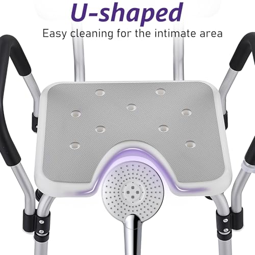 KSITEX Shower Chair for Elderly U 6 Height Adjustable Stool Armrests, Aluminium Bathtub Chair with Non-Slip Seat for Indoor Shower, Non-Slip Safety up to 150 kg