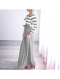 Exlura - Maxi vestido de manga larga con cuello en V y bolsillos para mujer