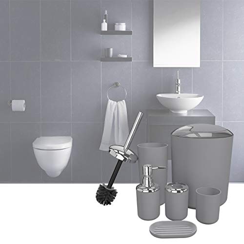 TEKITSFUN Grey Bathroom Accessories Set, 6 Pieces Plastic Gift Bath Accessory Sets Luxury Ensemble Includes Toothbrush Holder,Toothbrush Cup,Soap Dispenser,Soap Dish,Toilet Brush Holder,Trash Can