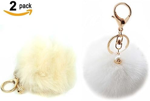 Two Pack Fur Ball Pom Pom Keychain for Women (Beige &amp; White)