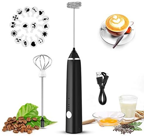 Milk Frother, USB Rechargeable Milk Frother Handheld Electric Frother With 2 Stainless Steel Whisks Extra 16pcs Art Stencils, 3 Speeds Foam Maker for Bulletproof Coffee, Hot Chocolate, Latte, Egg, Matcha, Cappuccino, Frappe, Keto (Black)