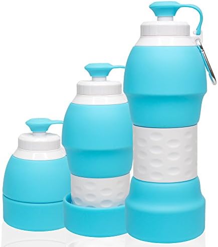 KHEY Collapsible Water Bottle, Easy Foldable Silicone Technology, Leak Proof w/Carabiner, Travel Friendly, Sports, Outdoors, BPA Free - Non-Toxic, 19.6 OZ (LIGHT BLUE)