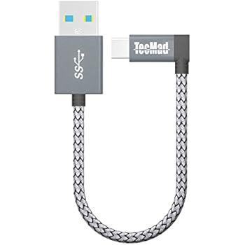 USB a to USB c Cable TecMad 90 Degree Plug Nylon Braided Type C to USB 3.0 Cable for New MacBook,Nexus 5X,Samsung s9 s8 Note 9,LG V30 V20 G6 G5,Hero 6/5,DJI Mavic Pro Drone and More-0.8ft/0.25m Grey