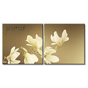 2 Panel Square Canvas Wall Art - Auspicious Chinese Style Art with Magnolia Flowers - Giclee Print Gallery Wrap Modern Home Art Ready to Hang - 12"x12" x 2 Panels