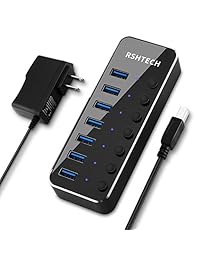 RSHTECH   Tubo de datos USB 3.0, 7 puertos, divisor de aluminio portátil de alta velocidad con interruptores individuales de encendido y apagado, incluye adaptador de corriente de 5 V 2 A CA CC (7 puertos), Negro