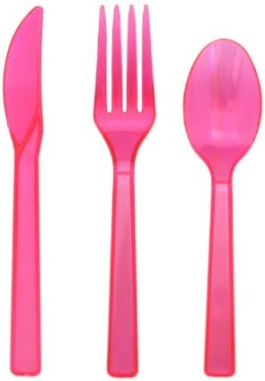 Party Essentials Hard Plastic Cutlery Combo Pack Available in 15 Colors, Neon Pink, 68 Place Settings
