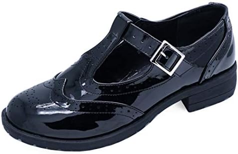 Girls Kids Childrens Buckle T-Bar Black Patent School Pumps Dolly Smart Flat Shoes Sizes 10-6