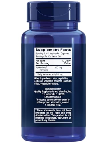 LIFE EXTENSION L-THEANINE, 100 MG, 60 VEGETARIAN CAPSULES — SUPPORTS A CALMING & MOOD ENHANCING EFFECT, AMINO ACID DERIVED FROM TEA – GLUTEN-FREE, NON-GMO