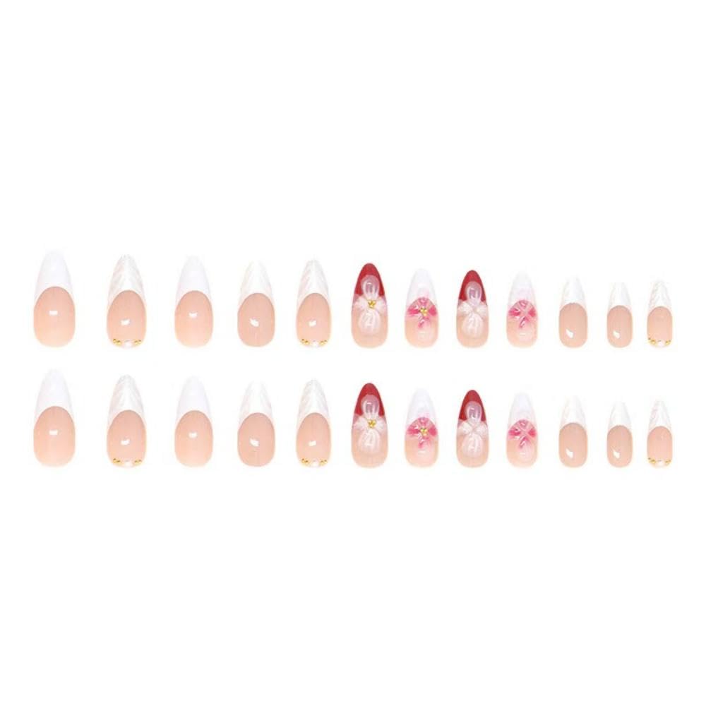 Flower Press on Nails White French Tip Fake Nails Medium Almond False Nails with Pearl Design 5D Floral Glue on Nails Glossy Artificial Acrylic Full Cover Spring Stick on Nails for Women Manicure - Image 4