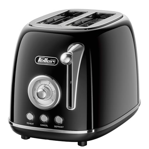 Feller Germany, Retro Style 2-Slice Toaster, 815 W, Steel Body, Steel Dust Cover & Bun Warmer,Defrost, Reheat & Cancel Function,Removable Crumb Tray, TO290, 2Y Guarantee, UAE Version (Glossy Black)