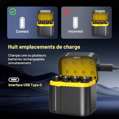 Piles AA Lithium Rechargeables 1.5V 3700mWh Haute Capacité 8-Pack avec Chargeur, Adaptées aux appareils Photo numériques, pour Le Sport et à l'extérieur, jusqu'à 2000+ Cycles