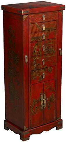 EXP Handmade Oriental Furniture 51-inch Antique Style Oriental Jewelry Armoire with Mirror, Red