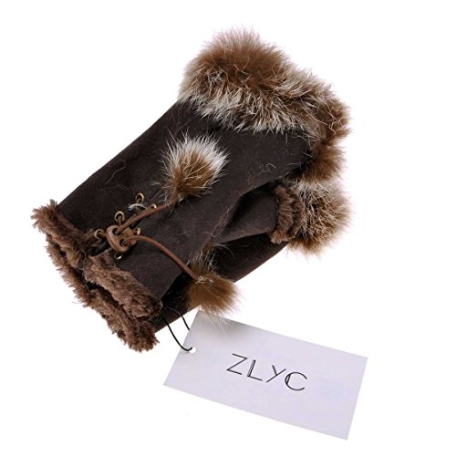 ZLYC Women Teen Classic Winter Warm Rabbit Fur Hands Wrist Fingerless Gloves Mittens Brown