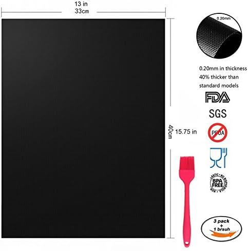 BBQ Grill Mats Set of 3 Barbecue Mat and a Brush Non-Stick Heavy Duty Reusable and Easy to Clean Home Outdoors FDA-Approved PFOA Works on Gas Charcoal Electric Grill with Size 13x15.75 Inch (Black)