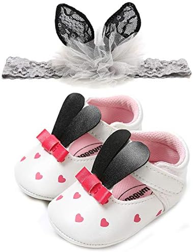 Infant Toddler Girls Birthday Rabbit Shoes Soft Sole Anti-Slip Party Dress Shoes Prewalker with Bunny Headband