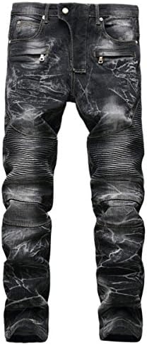Men's Stylish Camo Printed Straight Fit Stitching Moto Biker Blue Jeans