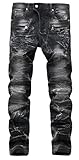 Men's Stylish Camo Straight Fit Stitching Moto Biker Black Jeans W32