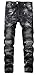 Men's Stylish Camo Straight Fit Stitching Moto Biker Black Jeans W32