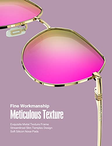LUENX Women Sunglasses Polygon Square Polarized Round - Gold Frame and Temple Mirrored Driving uv 400 Protection with case 58 MM(Rose Red)