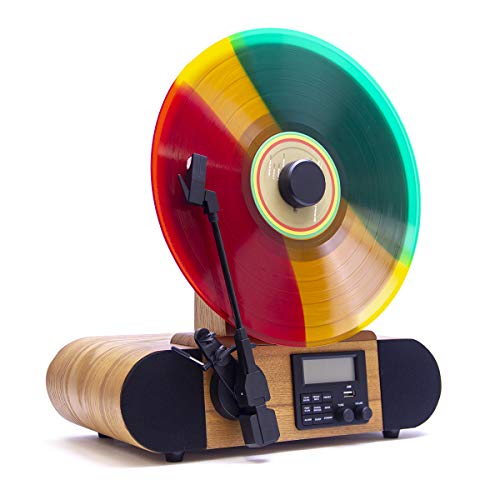 Fuse Vert Vertical Vinyl Record Player with Audio Technica Cartridge + Bluetooth, FM Radio, Alarm – Handcrafted Real Wood