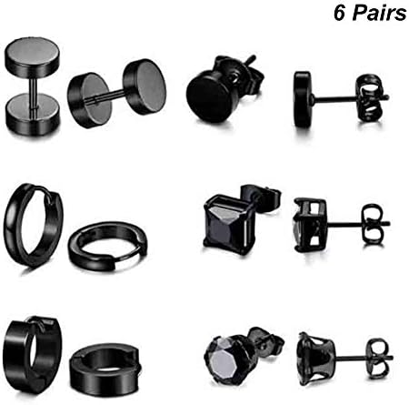 MADELEINE PRESTON 6 Pairs Stainless Steel CZ Stud Earrings for Women Mens Huggie Hoop Earrings Ear Piercing